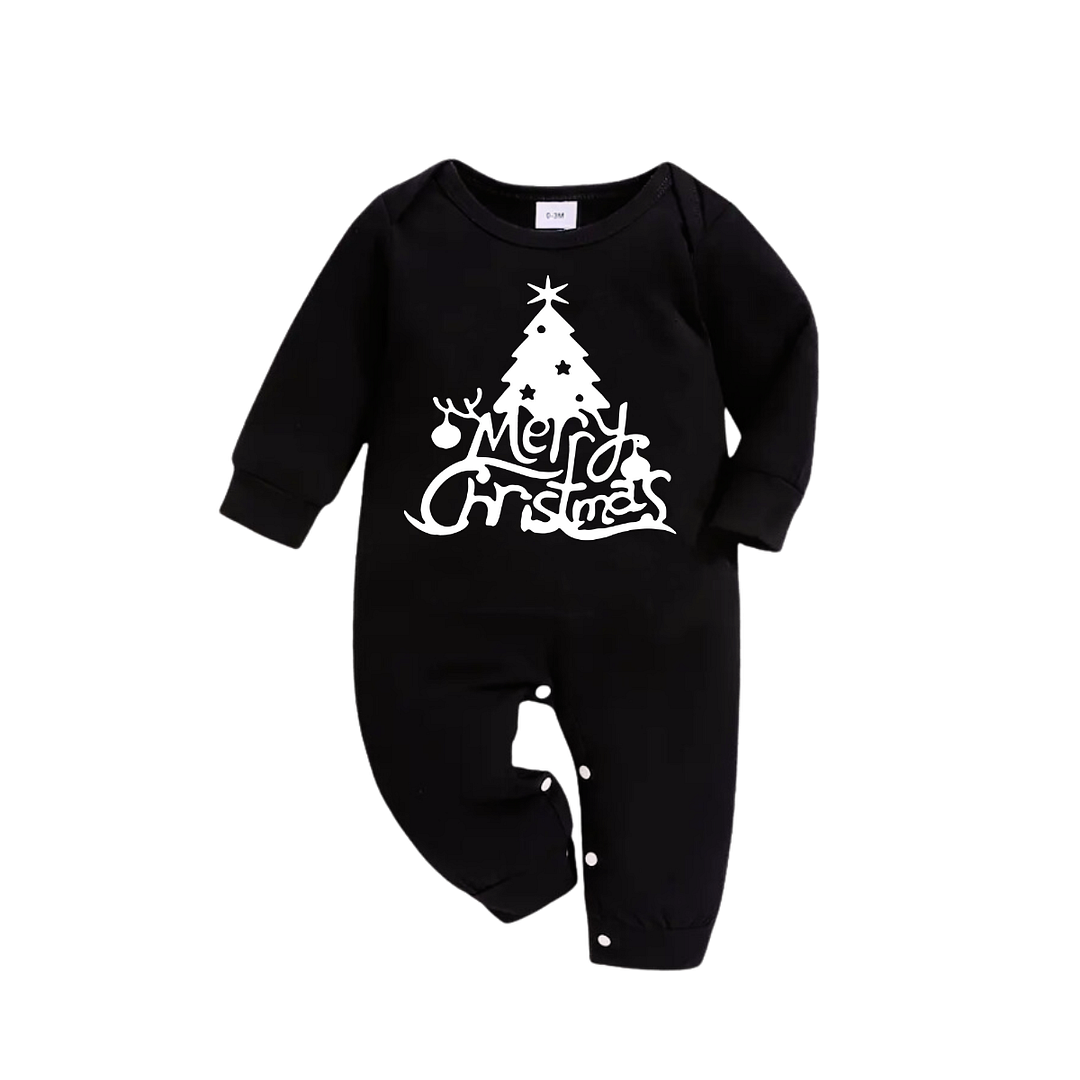 Christmas Tree and "Merry Christmas" Text Print Black Long Sleeve Top with Green and Black Plaid Family Matching Pajamas