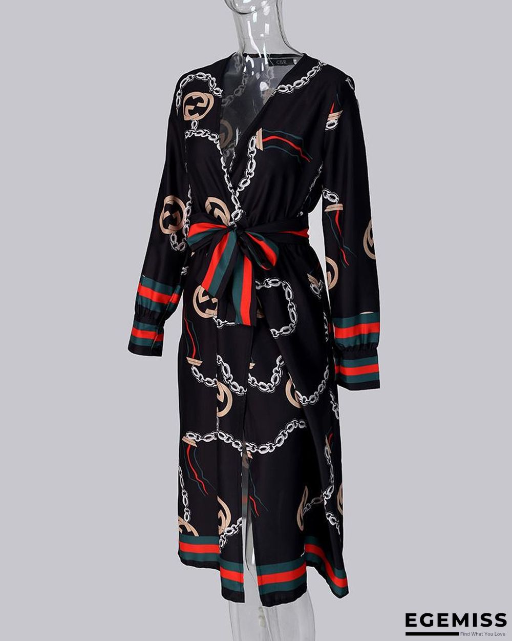 Long Sleeve Chain Baroque Print Dress Black Dresses | EGEMISS