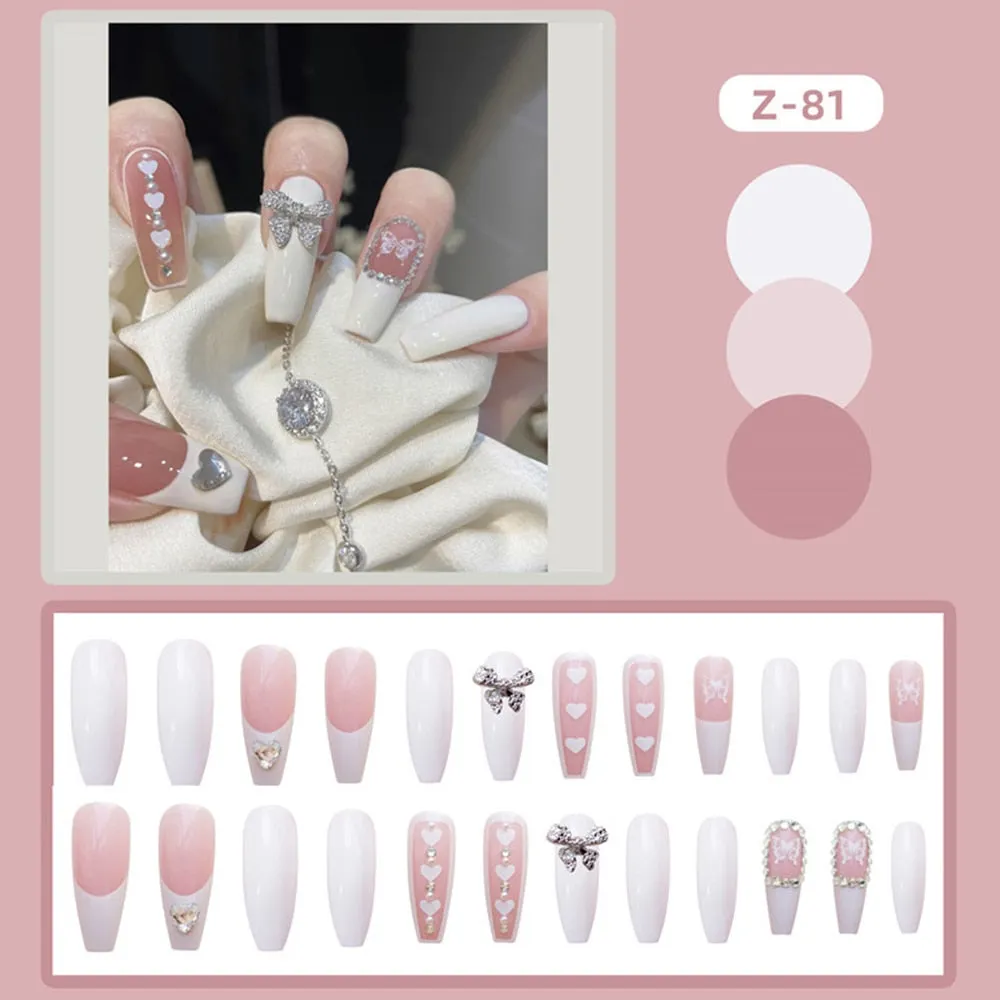 24PCS Press On Nails with Diamond Butterfly Design White Fake Nails Coffin Ballet False Nails Manicure Salon DIY  Full Finished-Nail Inspo