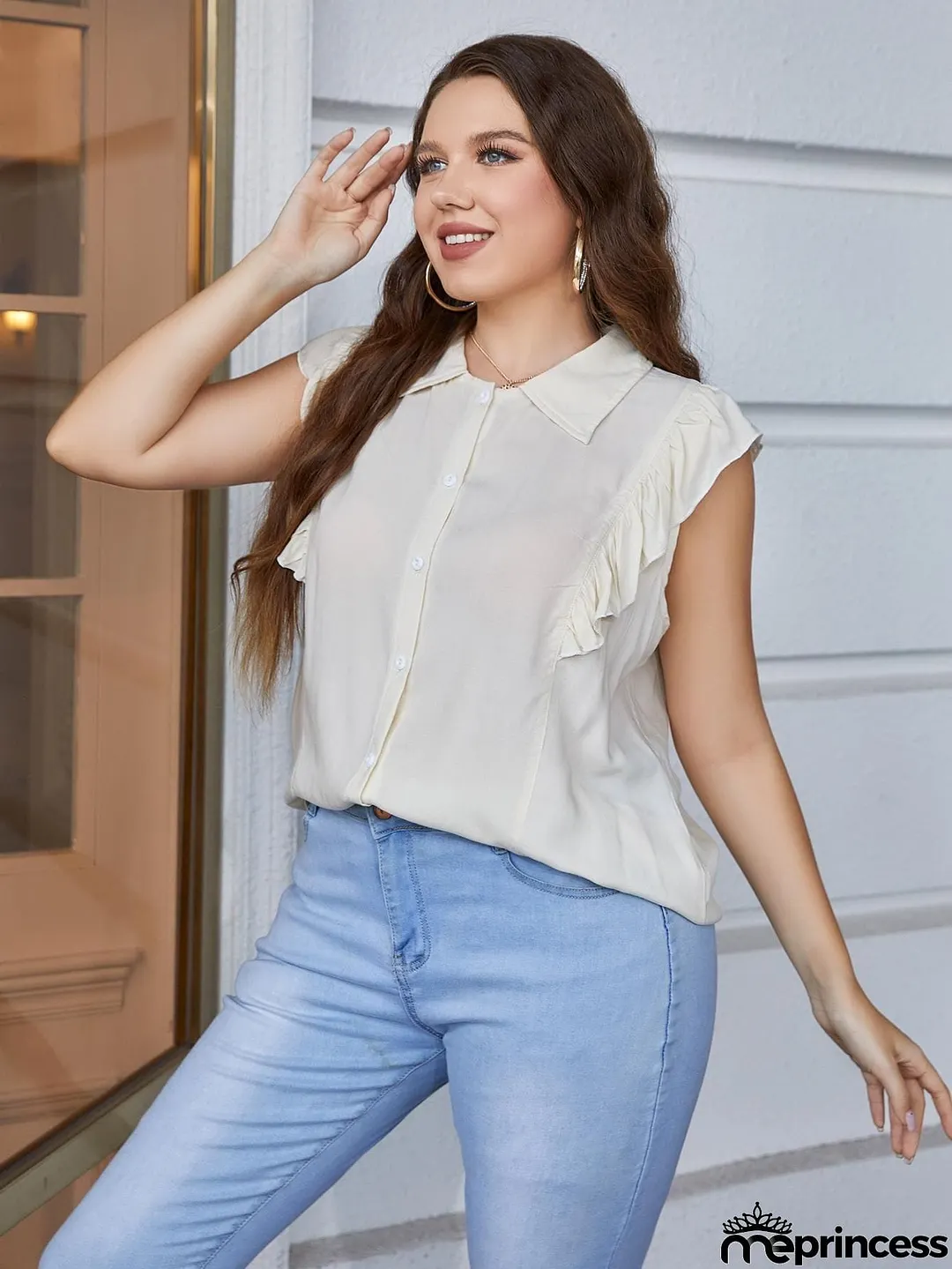 Plus Size Ruffled Cap Sleeve Shirt