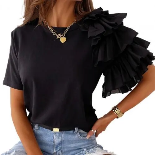 Elegant Solid Color Layered Ruffle Short Sleeve Asymmetric