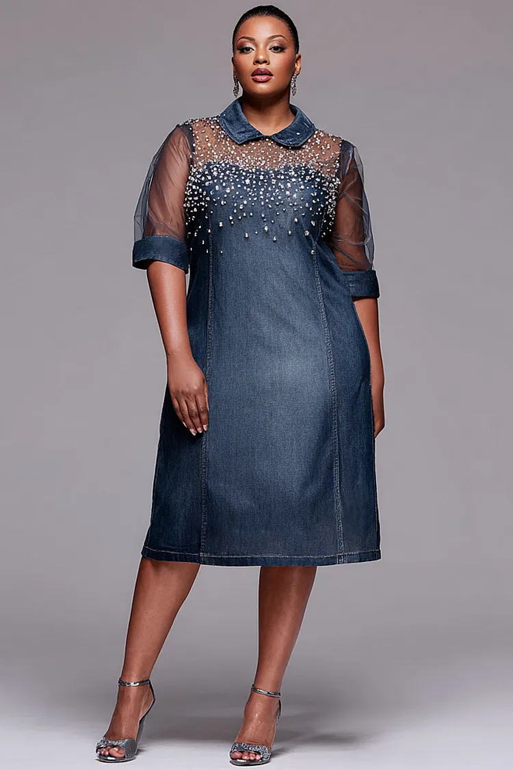 Xpluswear Design Plus Size Party Tulle Blue Shirt Collar Short Sleeve Drilling See Through Tencel Denim Midi Dresses 2024 - Xpluswear