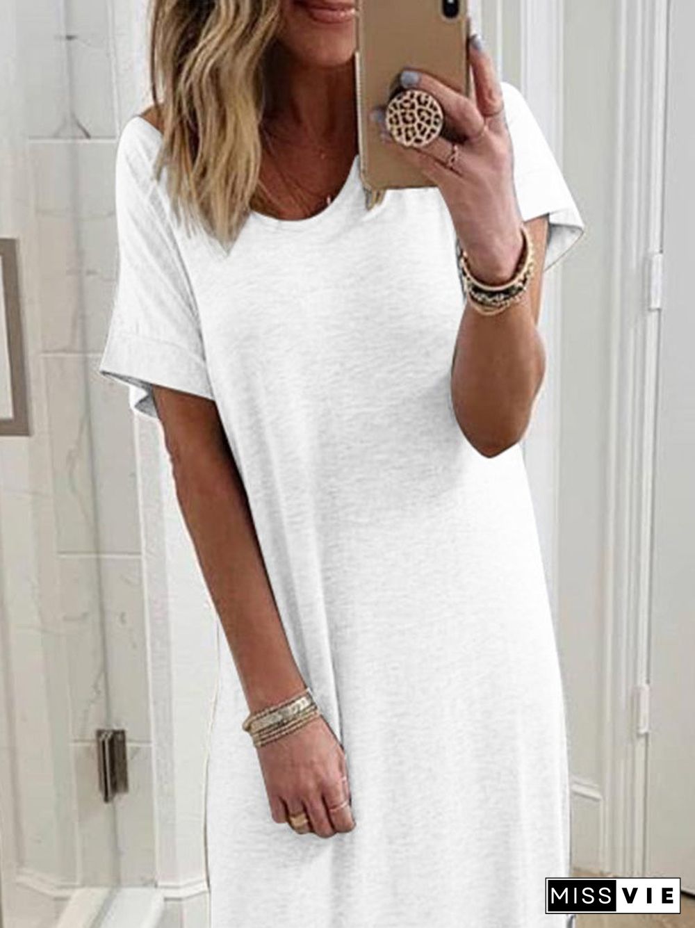 Women'S Dresses Crew Neck Short Sleeve Slit Casual Dress