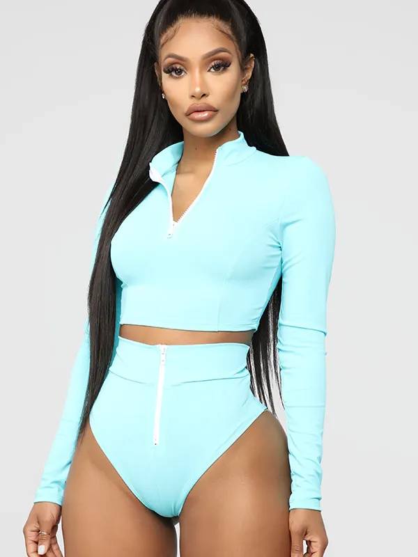 Rash Guard Tulle Long Sleeves High-Waisted Zipper Bikini Wetsuit Swimwear