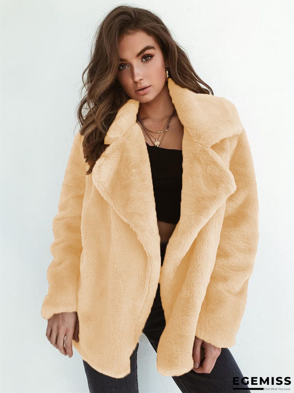 Fashion Solid Color Sexy Plush Lapel Coat | EGEMISS