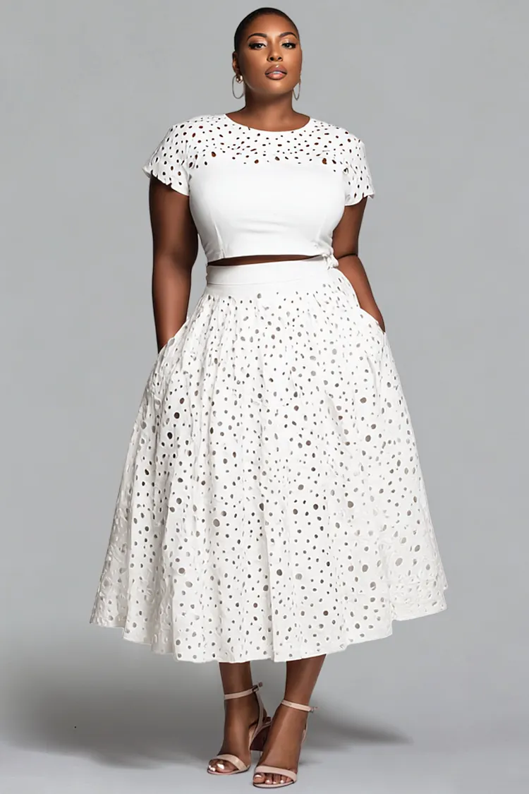 Xpluswear Design Plus Size Business Casual White Round Neck Short Sleeve Pocket Cut Out Two Piece Skirt Sets [Pre-Order] 2024 - Xpluswear