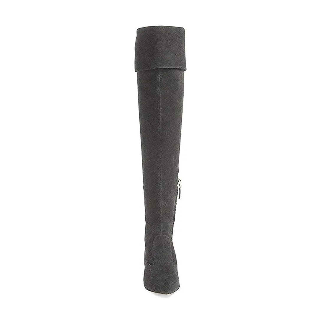 Gray Faux Suede Pointed Toe Over-The-Knee Kitten Heel Boots