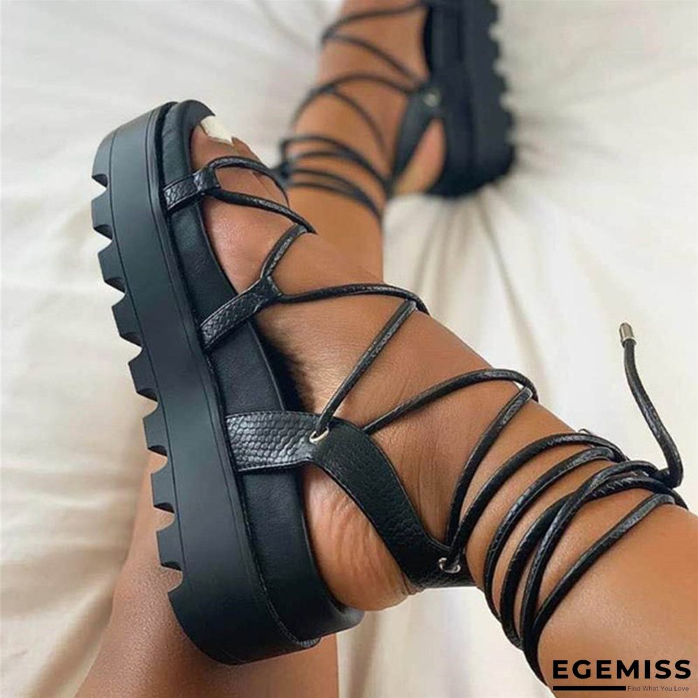 Black Fashion Casual Bandage Patchwork Solid Color Round Out Door Shoes | EGEMISS