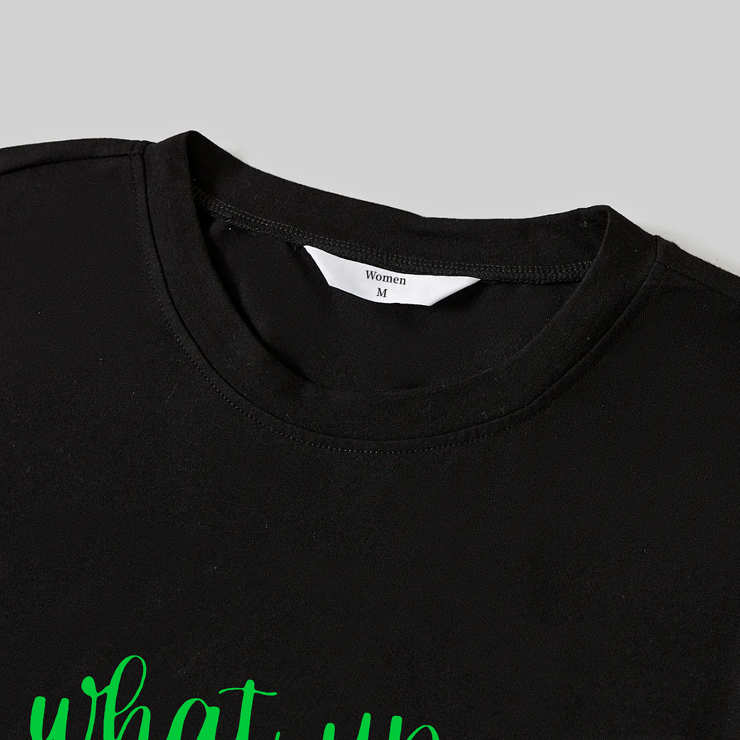 Christmas Text Print Black Long Sleeve Top with Red & White & Green Plaid Family Matching Pajamas