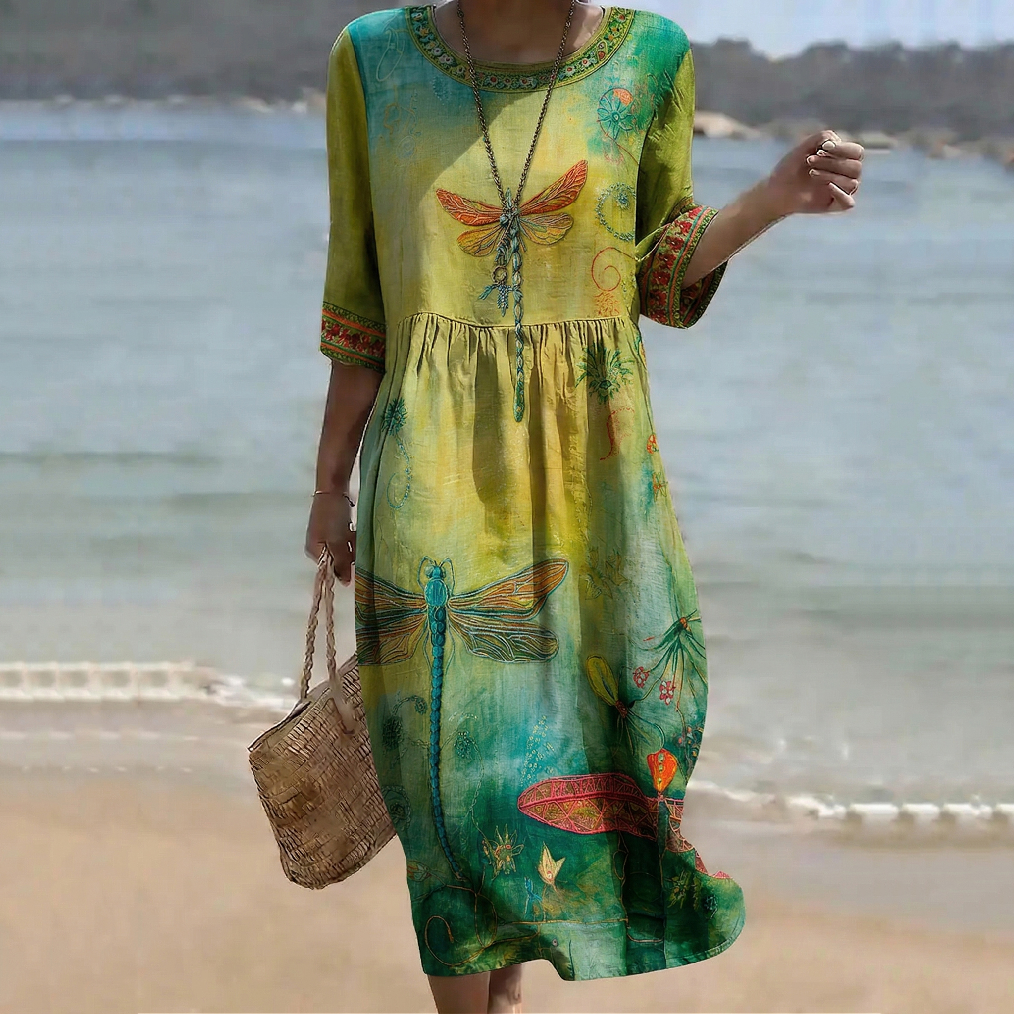 Comstylish Women's Vintage Dragonfly And Floral Gradient Art Linen Blend Loose Linen Dress
