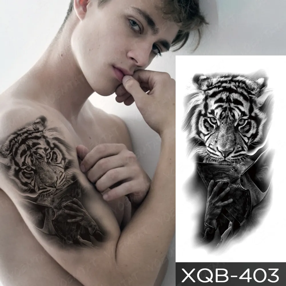 Sdrawing Temporary Tattoo Stickers Fox Lion Tiger Wolf Peony Rose Flowers Leaf Flash Tatto Women Men Body Art Arm Fake Tattoos