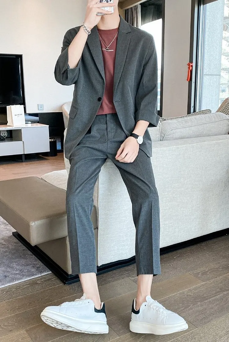 Men's Blazer & Pants Set with Elastic Waist