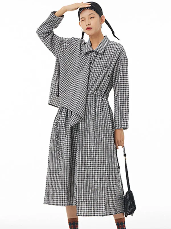 Urban False Two Asymmetric Black White Plaid Midi Dress