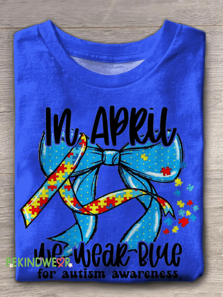 Women&rsquo;s In April We Wear Blue For Autism Awareness Printed Short-Sleeved T-Shirt Blue / S