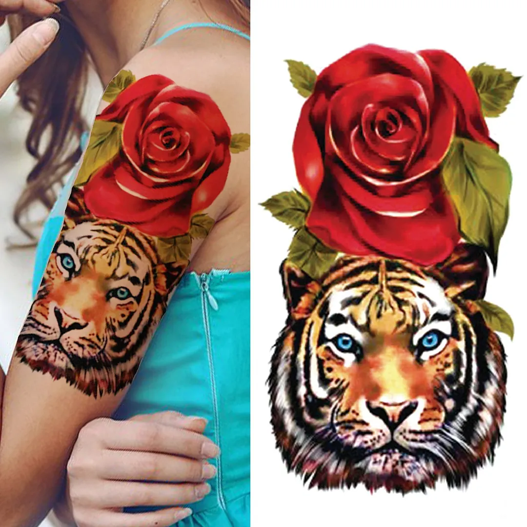 Cross Lion Temporary Tattoo For Women Men Adult Skull Tiger Wolf Forest Tattoo Sticker Black Fake Realistic Demon Tatoos Forearm 530