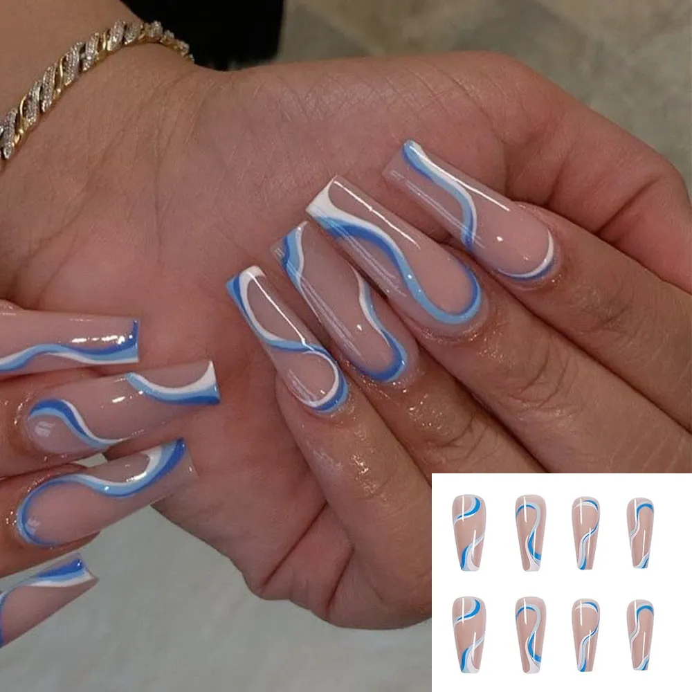 24pcs blue white Wavy lines Detachable Long Ballerina False Nails With Design Wearable Fake Nails Full Cover Nail Tips-Nail Inspo