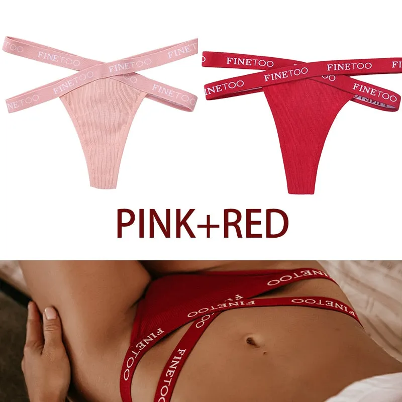FINETOO 2PCS/Set Women's Cotton G-string Sexy Cross Strap Panties Letter Waisted Underwear Thongs Femme Hollow Out Lady Briefs