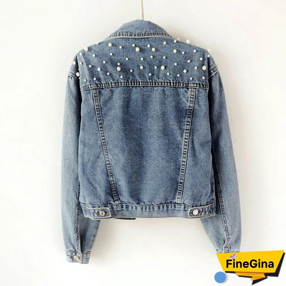 S-5XL Women Pearls Beading Denim Jacket BF Vintage Denim Jean Jacket Loose Coat Outwear