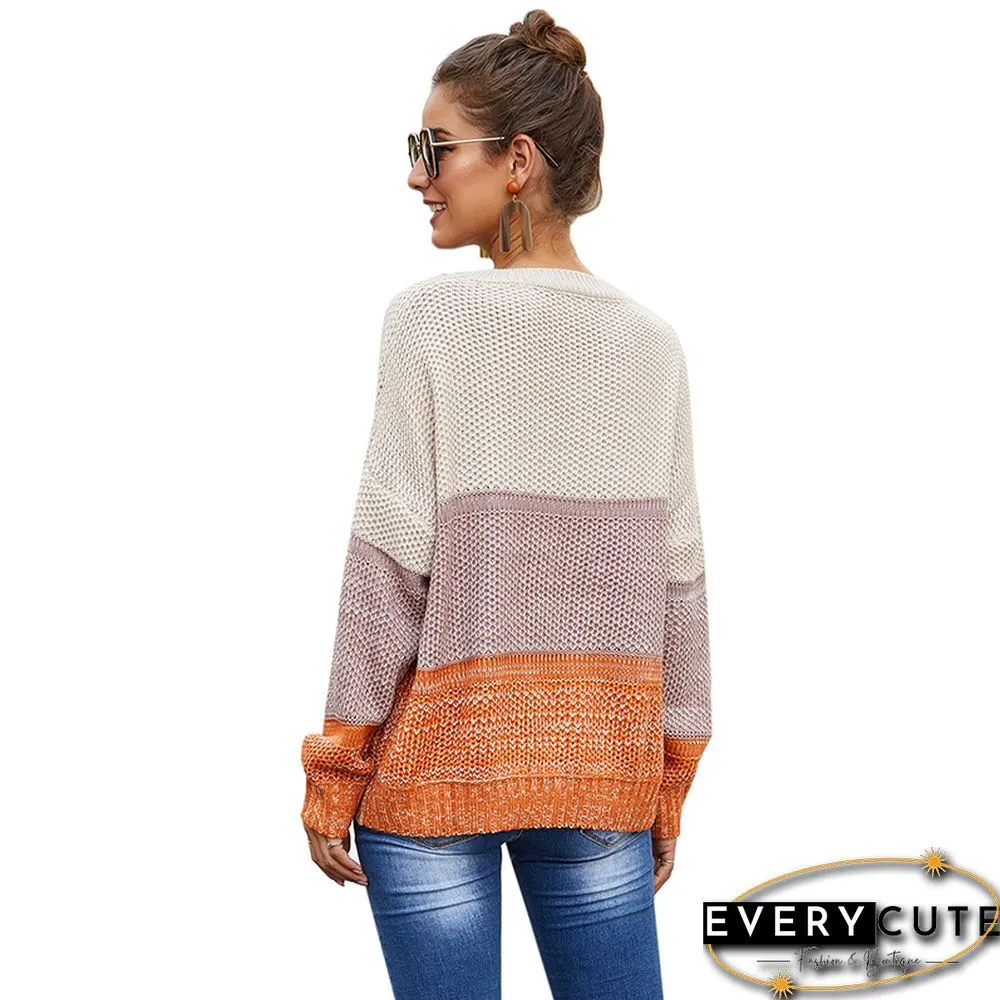 Orange Color Block Netted Texture Sweater