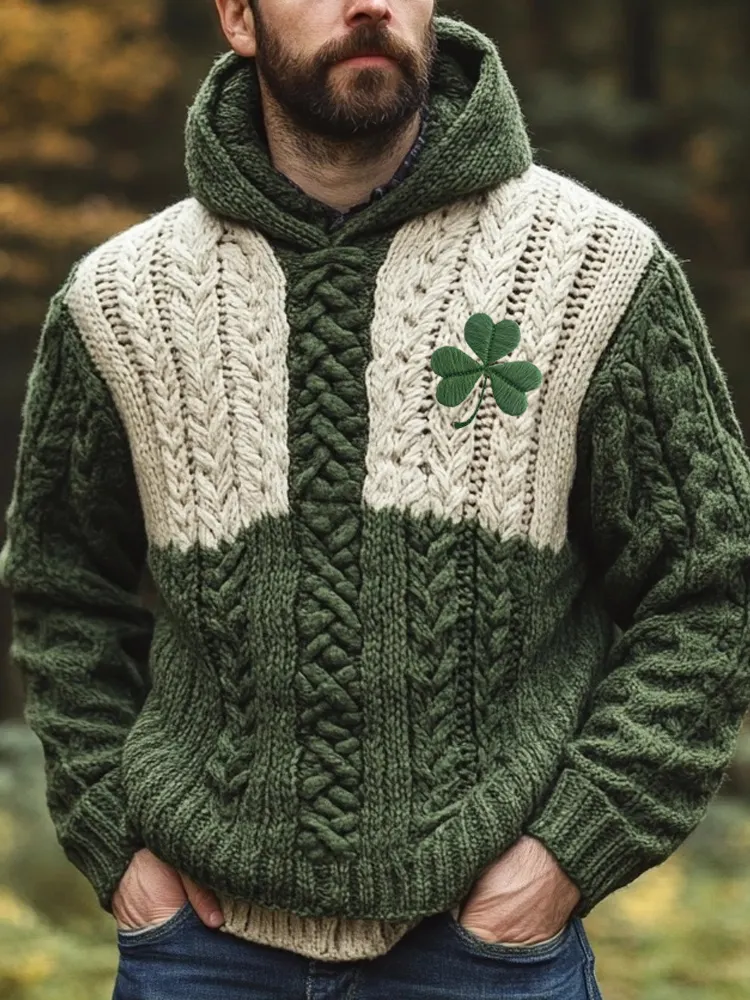 Men's Shamrock Embroidered Celtic Jacquard Contrast Color Hooded Sweater