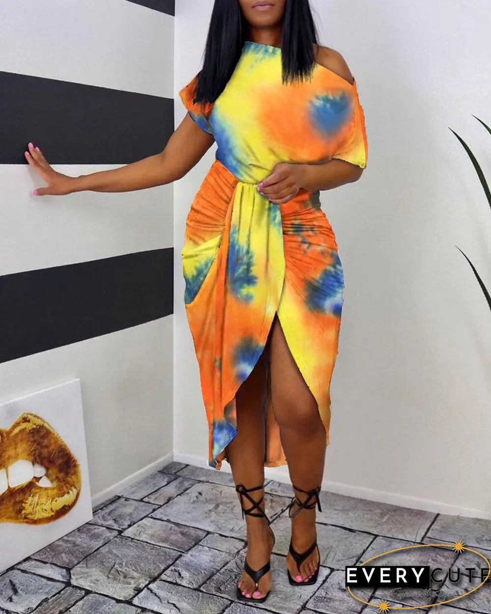Tie Dye Print One Shoulder Wrap Midi Dress