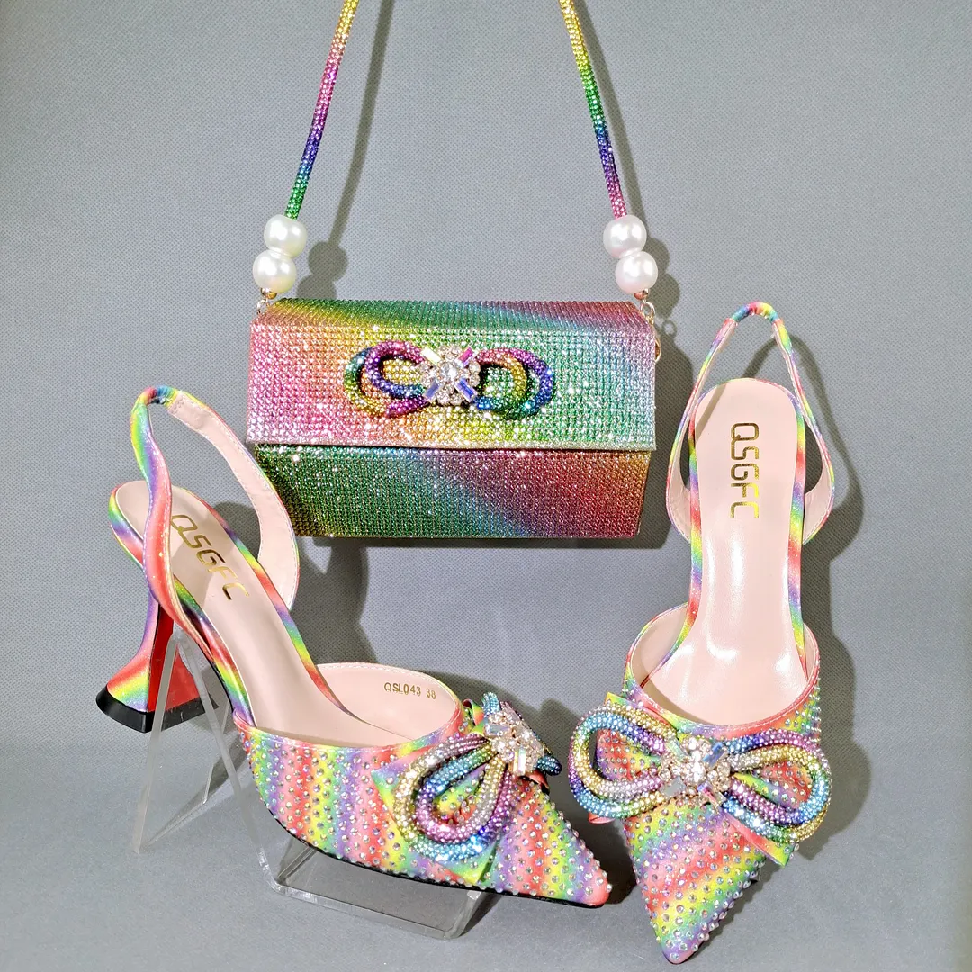 QSGFC 2022 Popular pointed Full of diamonds and shiny shoes with bags, banquet shoes and bags, and friends party shoes with bags