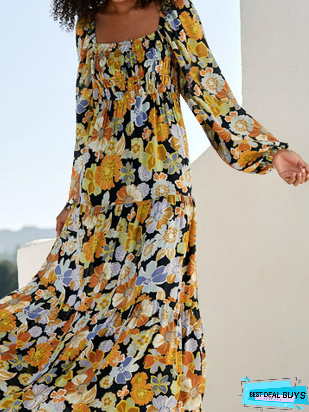 Floral Printed Square Neck Vacation Dress
