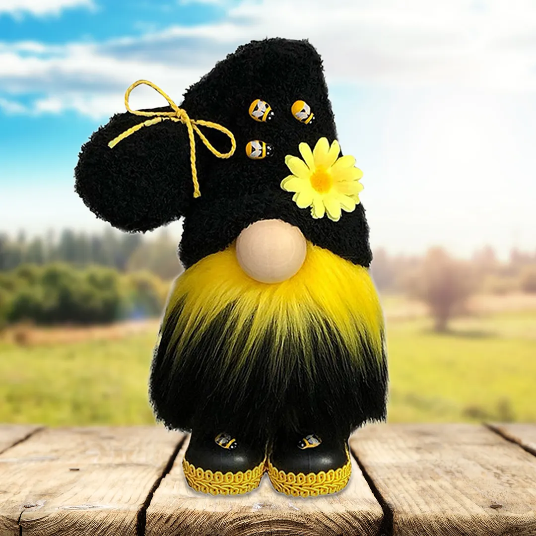 Sunflowers Gnome Bee Plush Doll, Faceless Nisse Elf Dwarf Tomte (Black)
