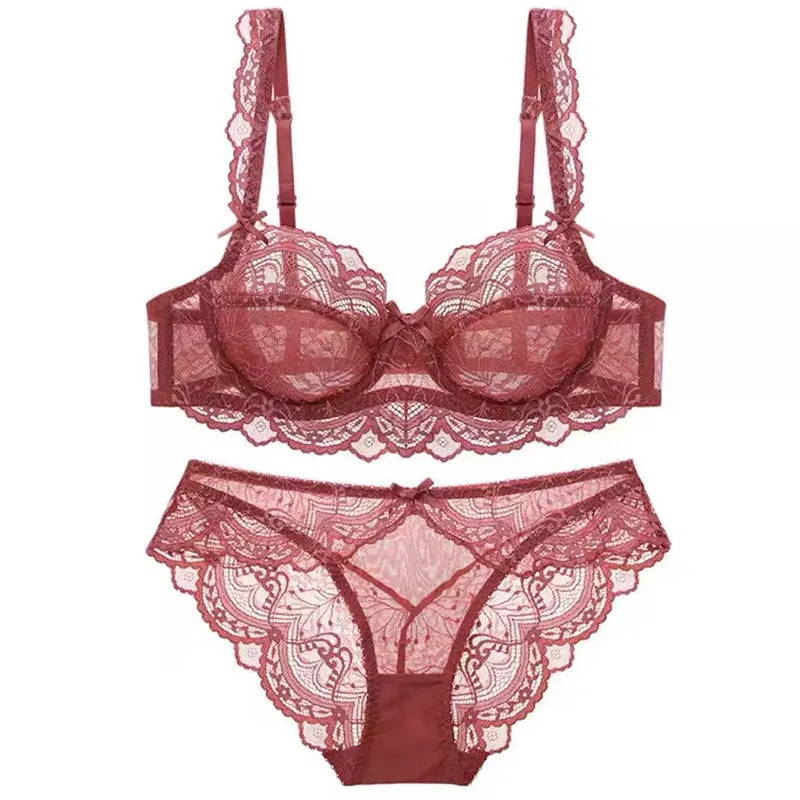 Churchf Lace Underwear Suit Female Pure Lust Wind Gathered Bra Sexy Red Breathable Thin Large Size Bra