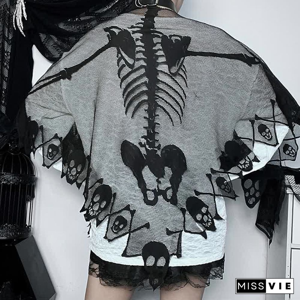 Halloween Gothic Skeleton Skull Print Lace Cloak