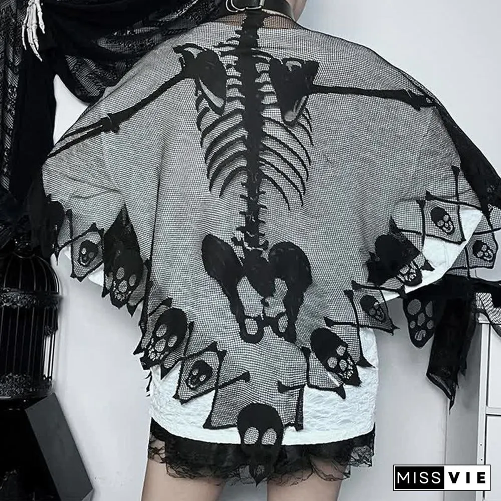 Halloween Gothic Skeleton Skull Print Lace Cloak
