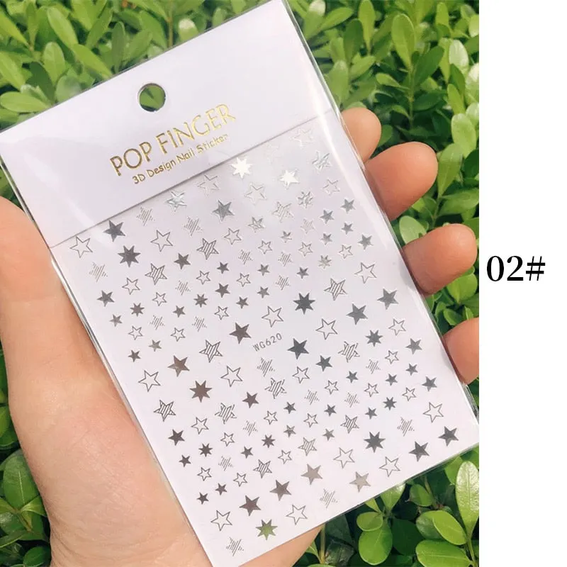 Star Nail Art 3D Stickers Black White Gold Love Hearts Pattern Nail Decals Manicures Nails Design Adhesive Wraps Tip Decoration