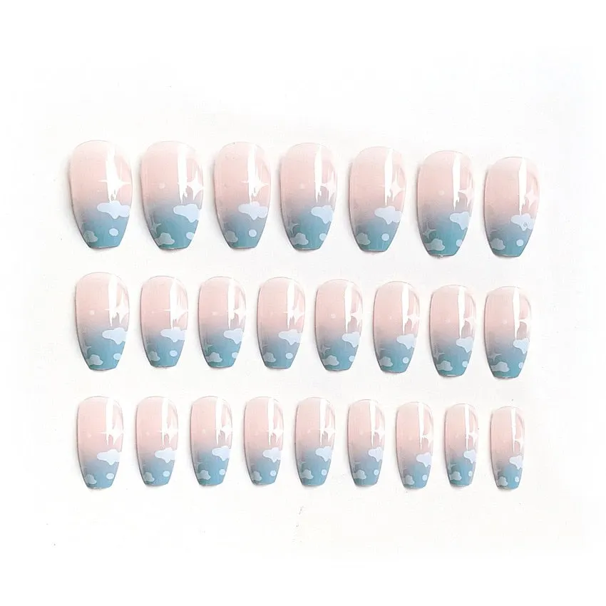 24pcs Blue Starry Sky Romantic Graffiti Nail Art With Artificial Diamond Fake Nails With Glue Fake Nails Long With Wearing Tools-Nail Inspo