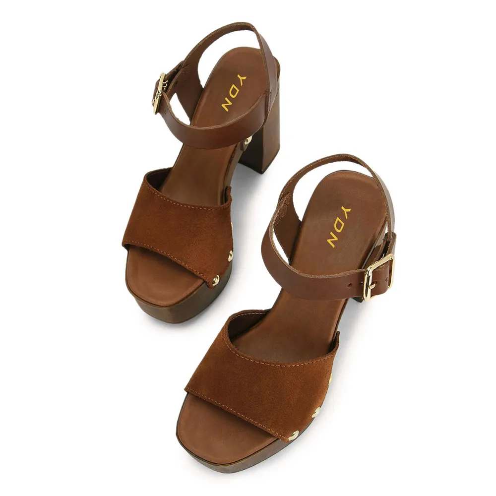 Brown Studded Open Toe Ankle Strap Platform High Heels Sandals