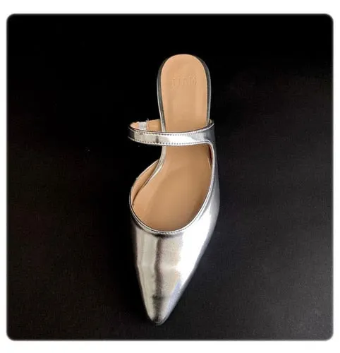 South Korea Net Red Pointed Half Slippers 2020 Summer New Silver Color Baotou Flat Slipper Women's Slipper Lazy