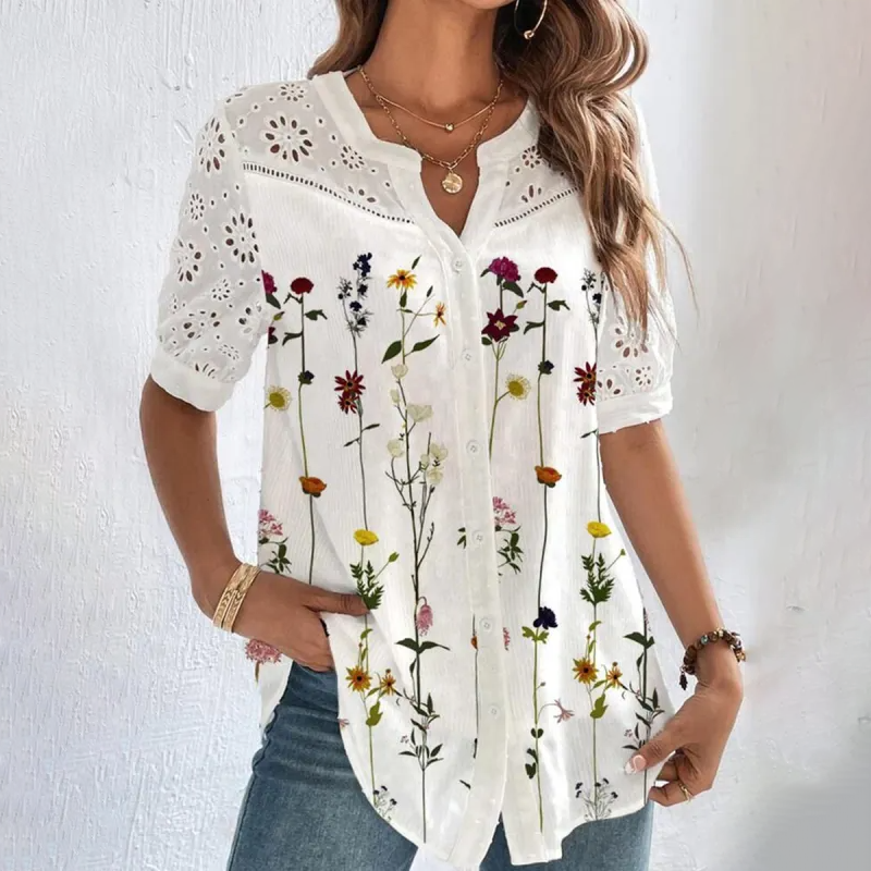 Eyelet Lace Floral Garden Print Short Sleeve Blouse artswardrobe