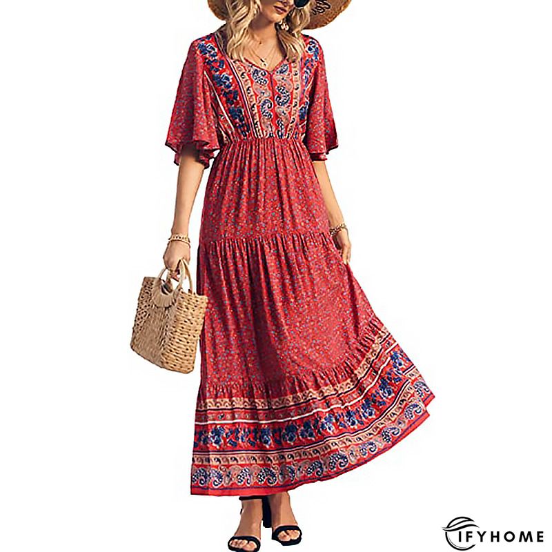 Women Vintage Boho V Neck Summer Weaving Dress | IFYHOME