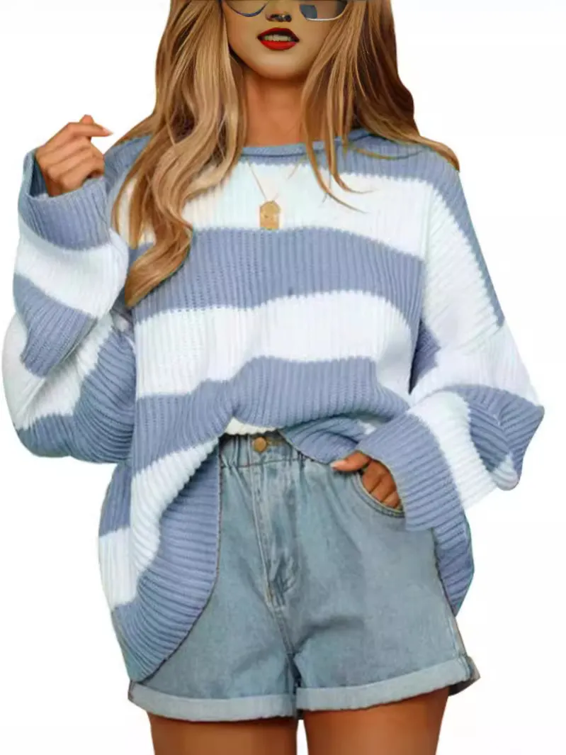 Churchf Churchf Temperament Round Collar Long Sleeve Sweater Women's Autumn And Winter New Stripe Loose Casual Sweater Jacket Female