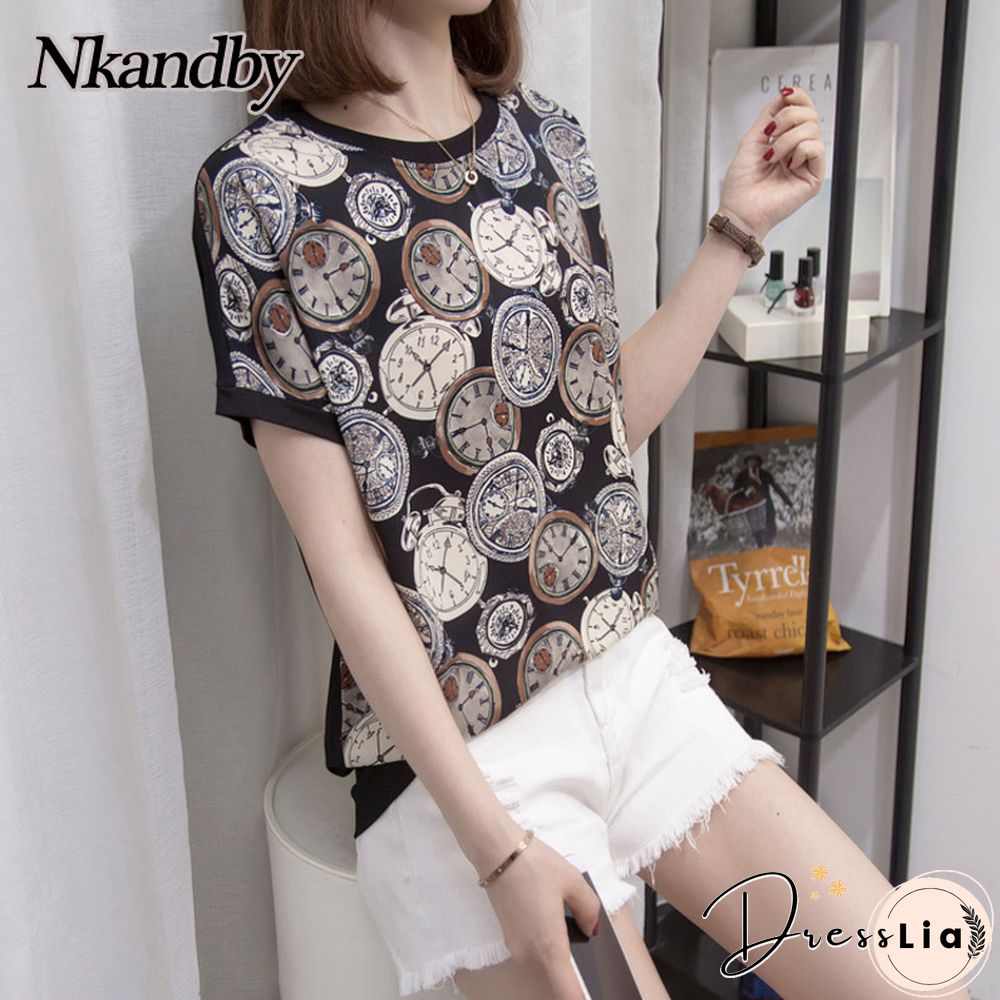 Nkandby Summer Women Short Sleeve Tshirt Chiffon Patchwork Fashion Vintage Print T-Shirt Cool Loose Streetwear Tops Femme