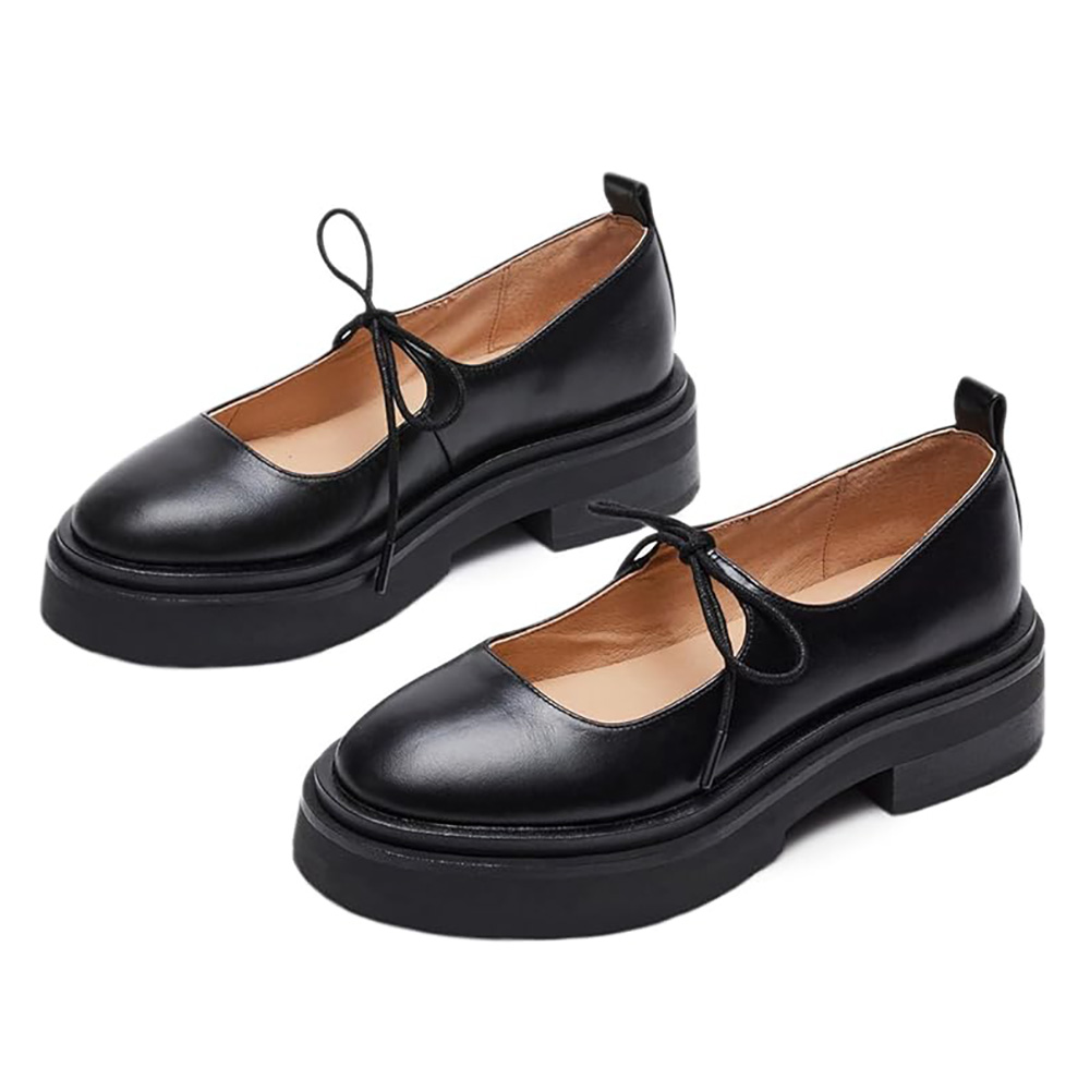Black Round Toe Chunky Heel Platform Mary Janes with Tie-Styling Strap Nicepairs