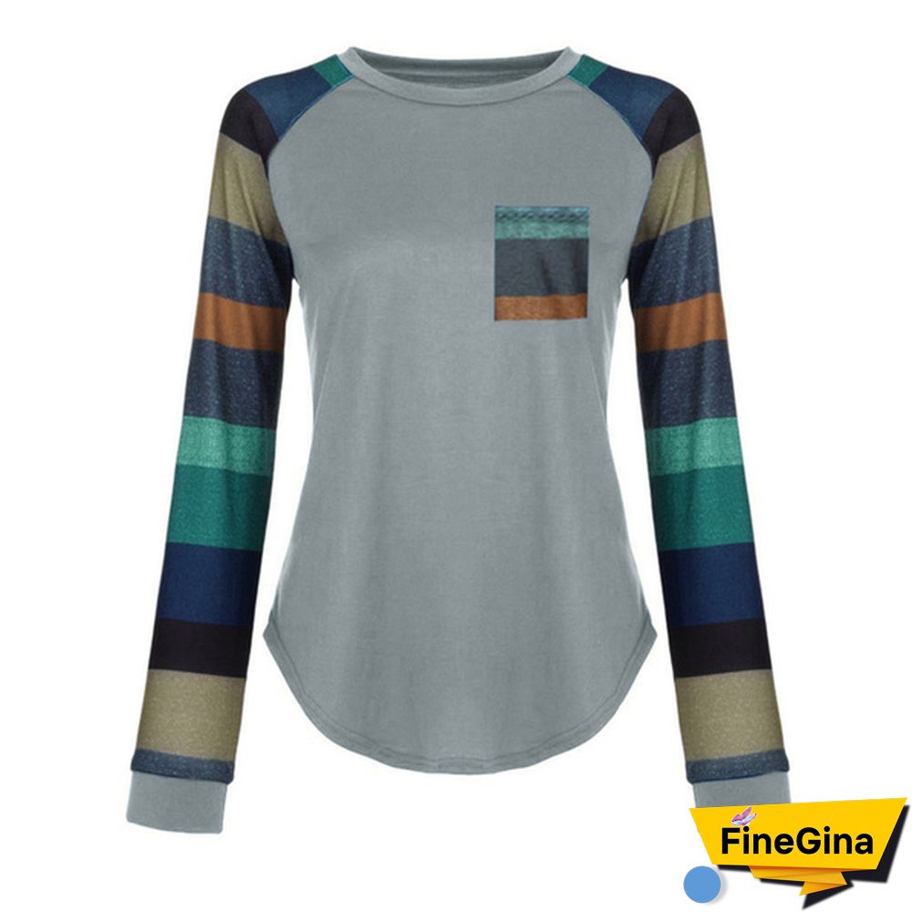 Women Spring-Autumn Stripe Sleeve Patchwork Casual Top T-Shirt Loose Long Sleeve Blouse S-XXL