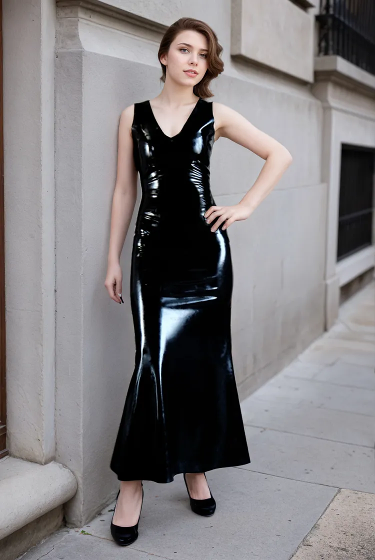 Women Latex Dress Glossy Black Minimalist Evening Gown