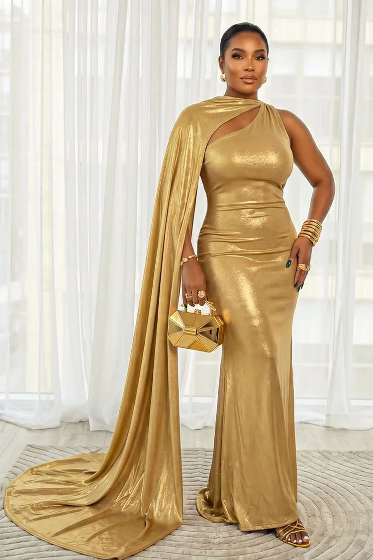 One Shoulder Cape Sleeve Solid Color Gowns Maxi Dresses-Gold [Pre Order]