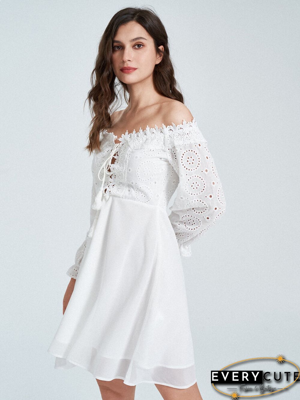 Lace Trim Panel Off Shoulder Tie Front Overlay Dress