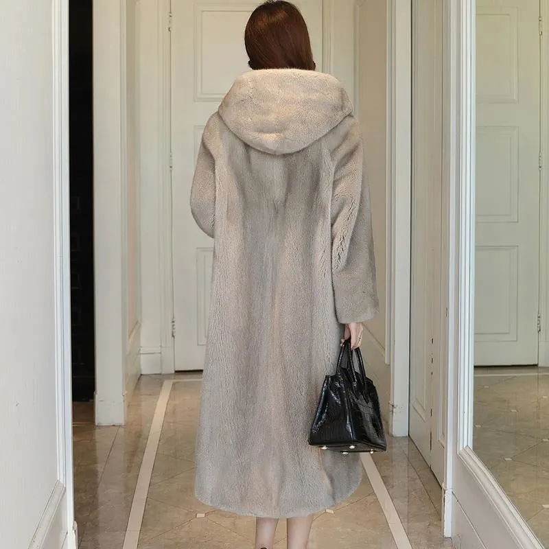 Imitation Fur Coat Women's Mink Fur Coat Women's Long Hooded 2021 Single Button Autumn And Winter Thickened And Slim Warm Coats