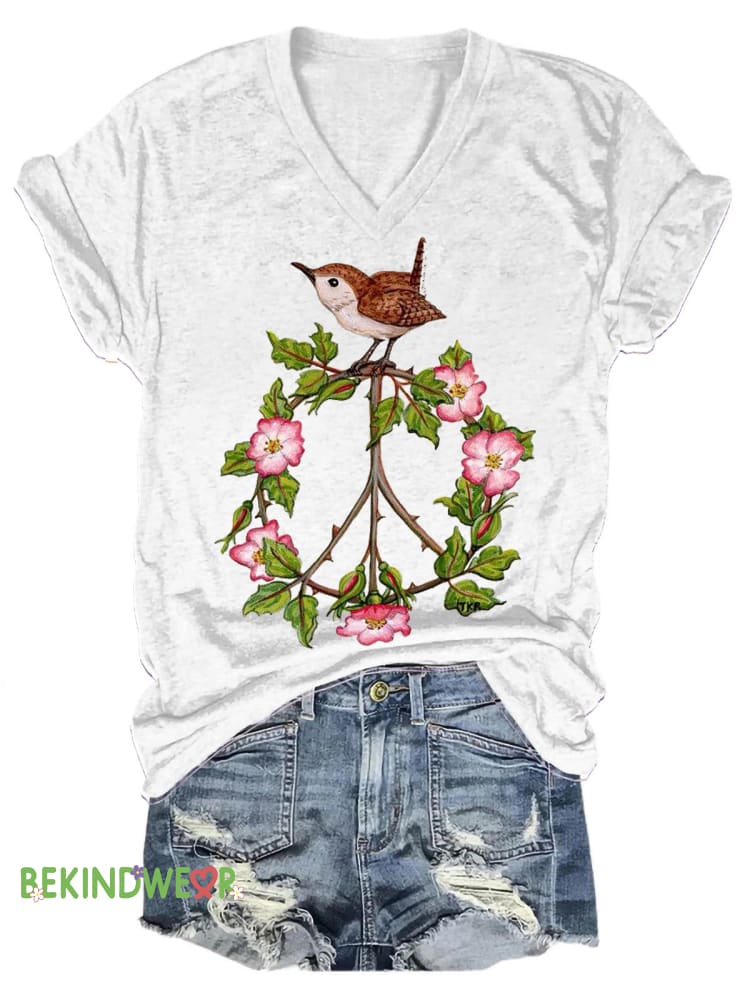 Peace Wreath Bird Print Casual V-Neck Short Sleeve T-Shirt White / S