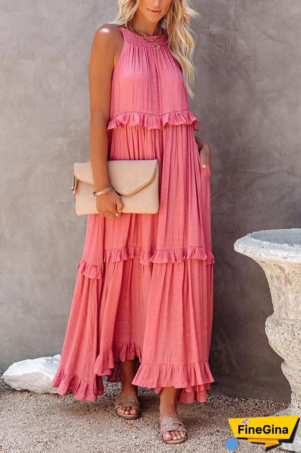 Pocketed Halter Textured Maxi Dress
