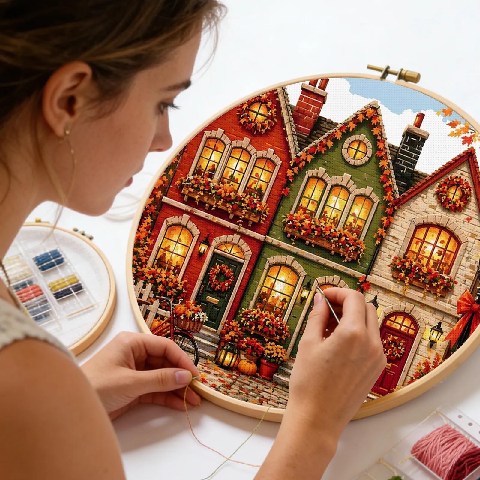 Autumn Cottages 11CT 3-Strand Full Stamped Cross Stitch Kit 45*45cm