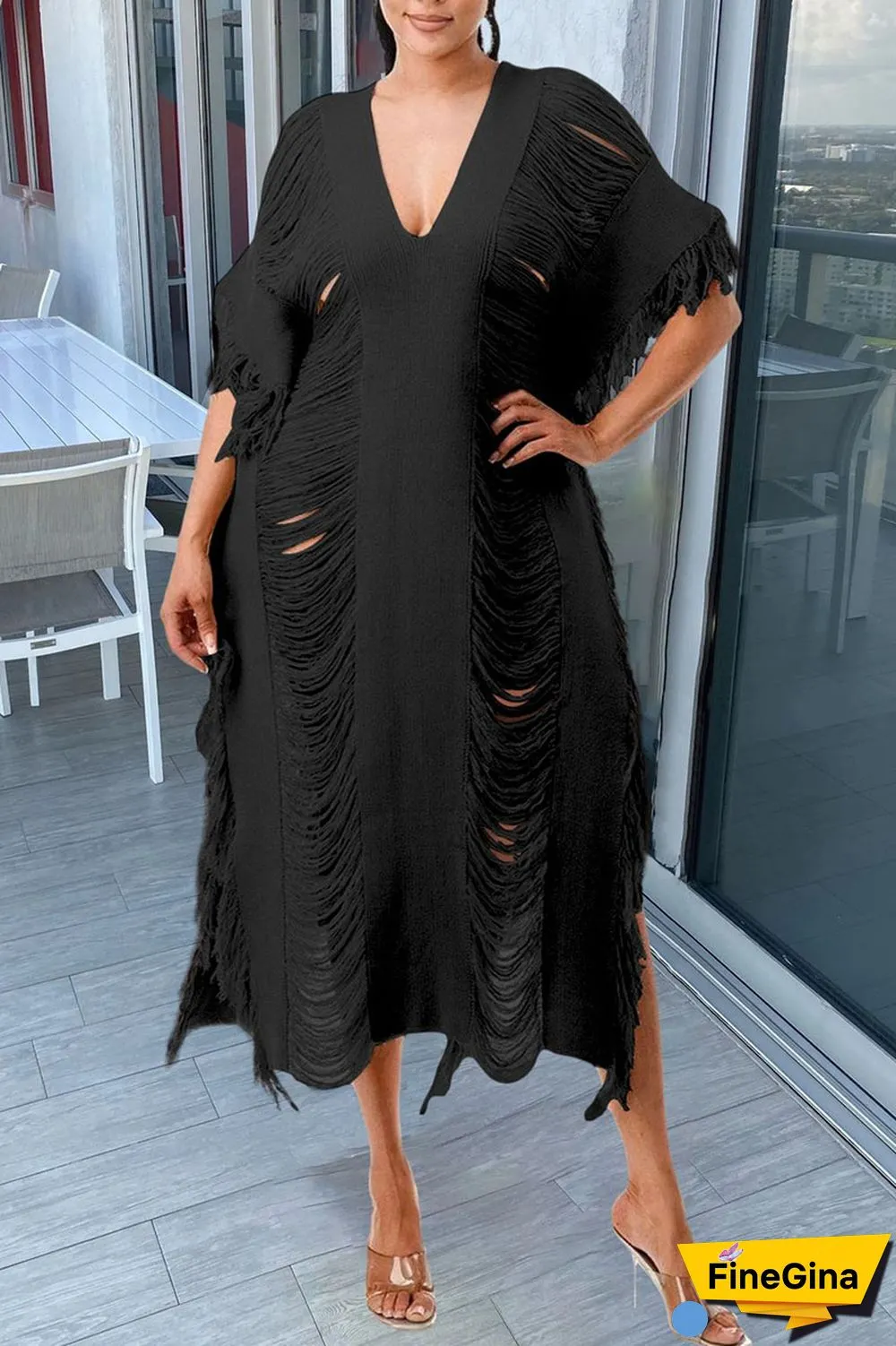White Sexy Solid Tassel Hollowed Out Patchwork V Neck Beach Dress Two Pieces Set
