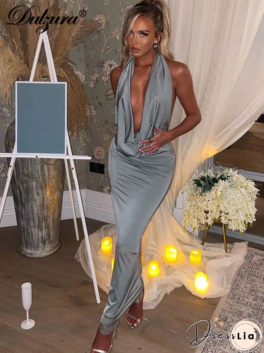 Chic Bling Women Evening Halter Maxi Dress Pile Collar Backless Bodycon Sexy Party Elegant Club Birthday Festival Outfit